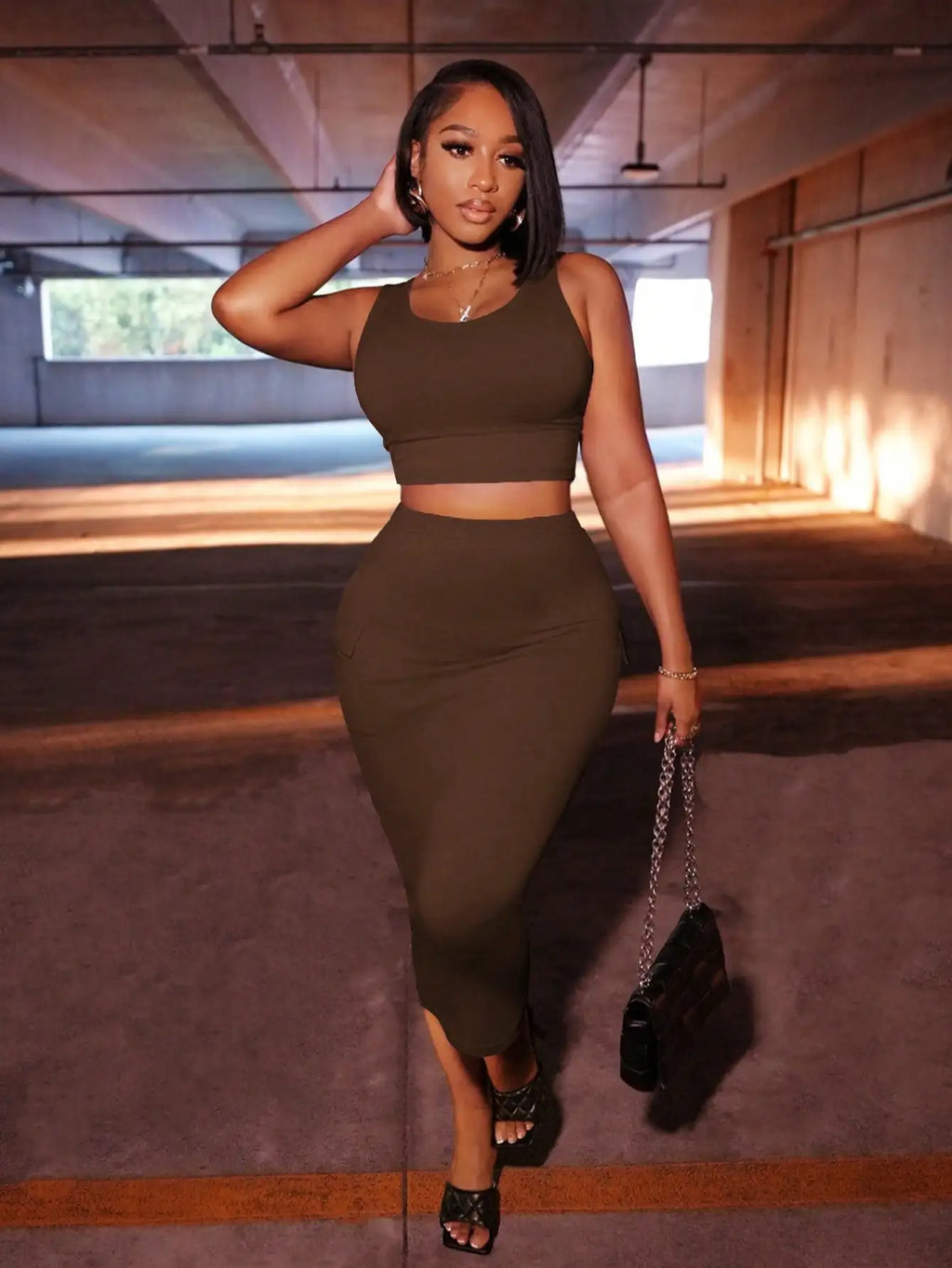Gray 2-Piece Set: Sleeveless Crop Top & High-Waisted Midi Skirt with Pockets, Street Style