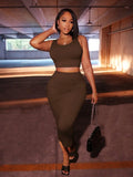 Gray 2-Piece Set: Sleeveless Crop Top & High-Waisted Midi Skirt with Pockets, Street Style
