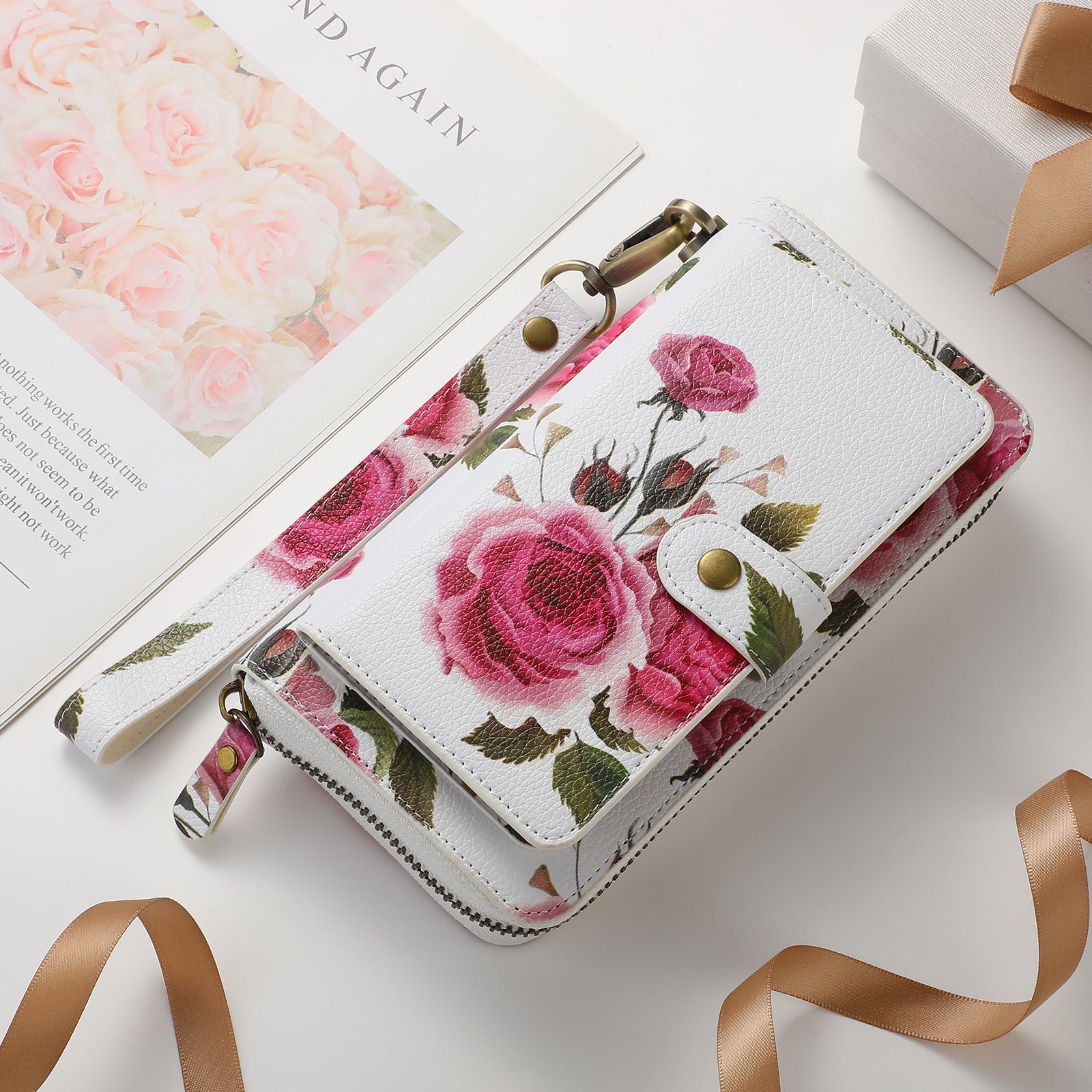 Portefeuille long en cuir synthétique | Pochette zippée femme – Porte-cartes élégant avec dragonne