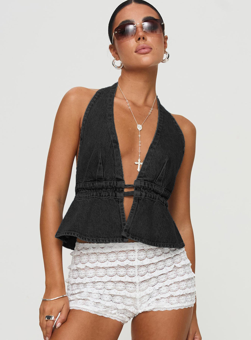 Washed Denim Halter Lace-Up Backless Top | AdriaPulse