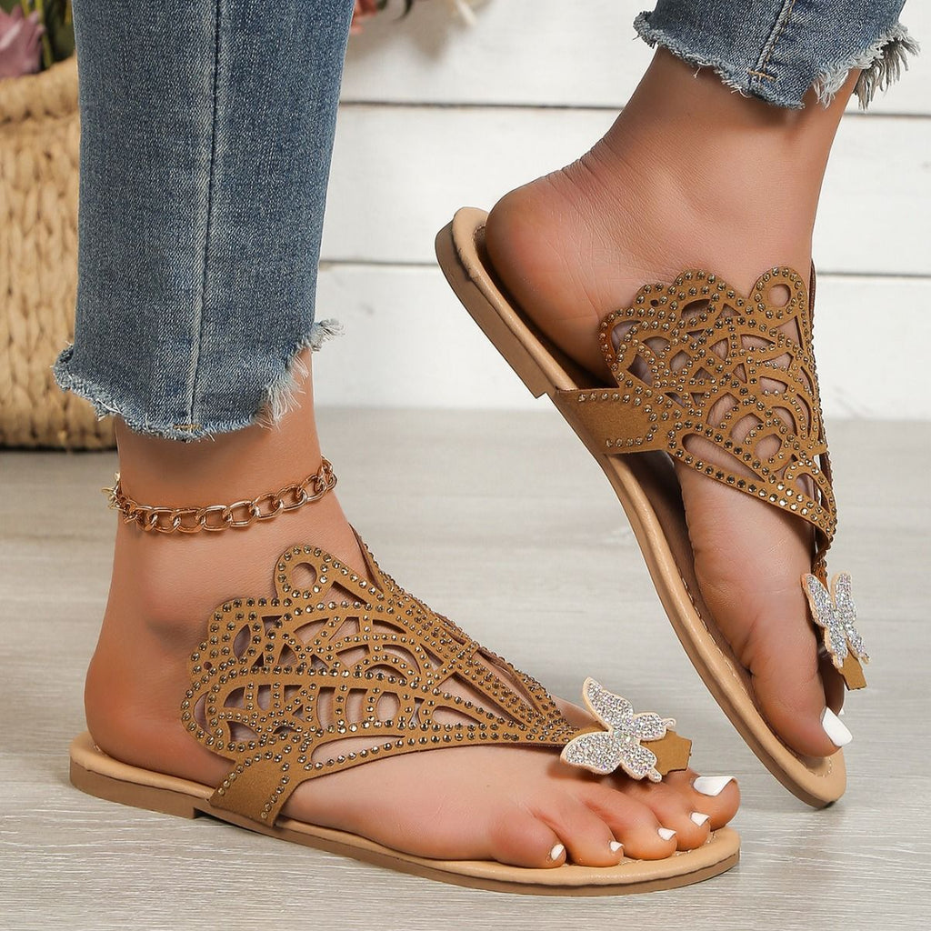 Damen Pantoletten mit Strass und flachem Absatz