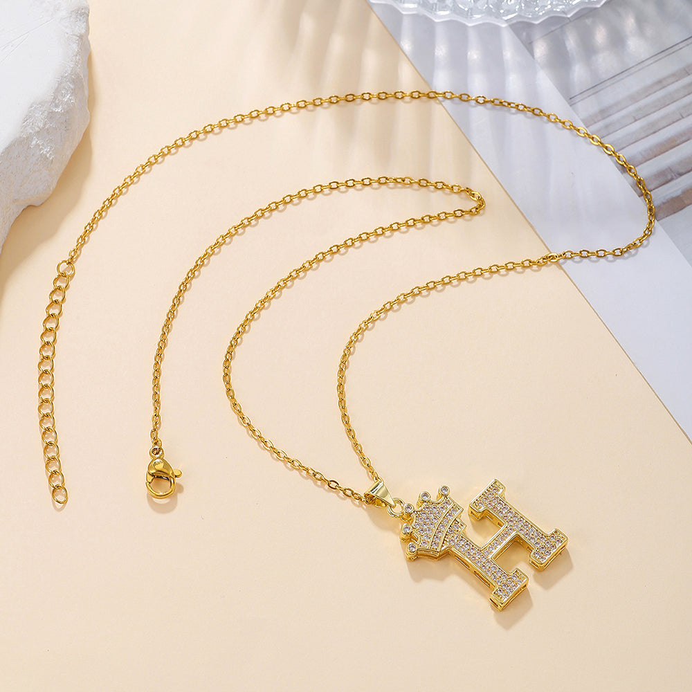 Gold Crown Initial Letter Pendant Necklace – Zircon A–Z Alphabet Jewelry