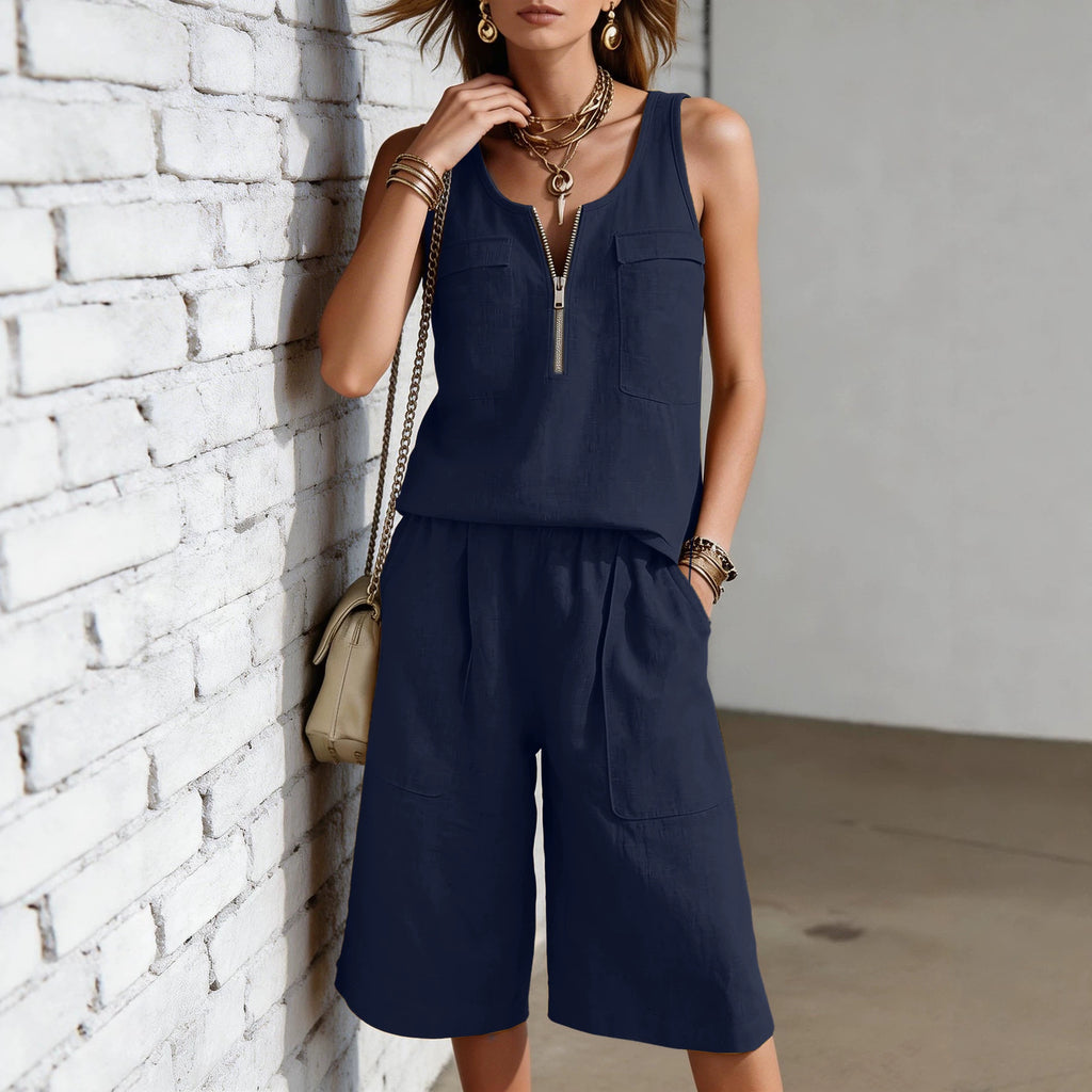 Women's Sleeveless Tank Top & Capri Pants Casual Two-Piece Set Beige – AdriaPulse