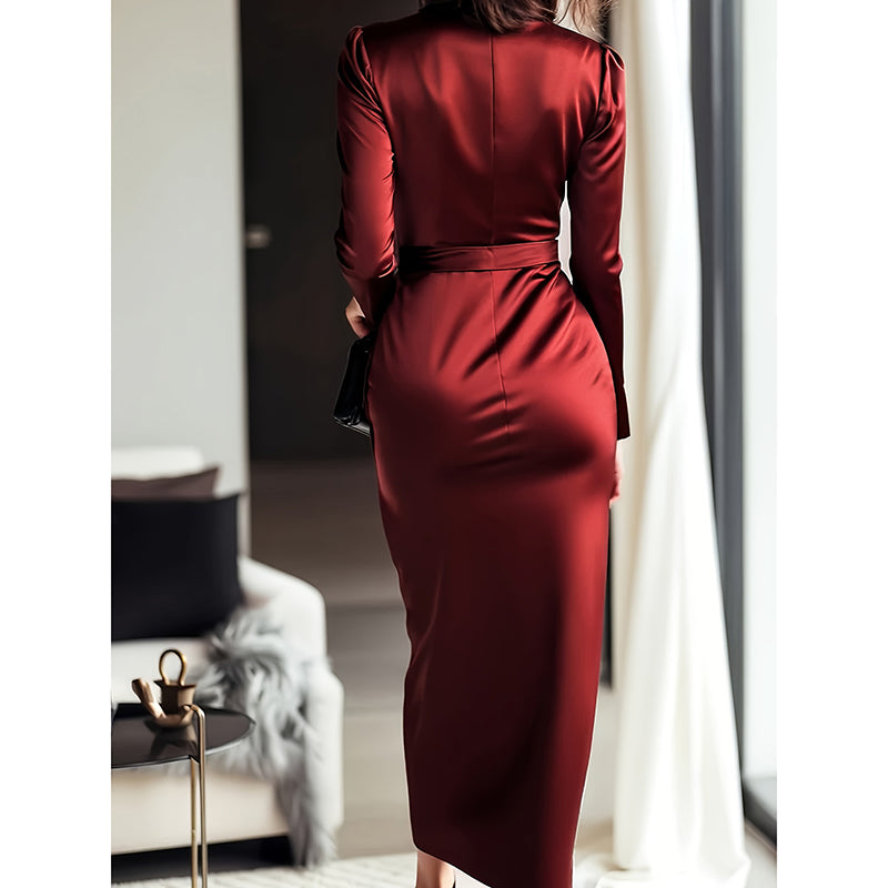 Women's Burgundy Satin Midi Dress V-Neck Long Sleeve Bodycon with Belted Waist Burgundy Front View – AdriaPulse