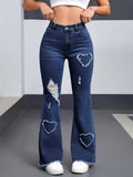 Women's Embroidered Ripped Flared Denim Jeans High Waist in Dark Blue – AdriaPulse
