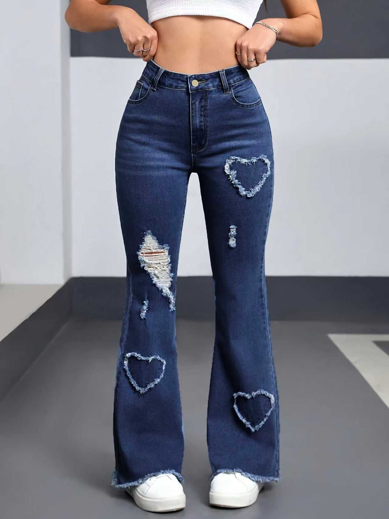 Women's Embroidered Ripped Flared Denim Jeans High Waist in Dark Blue – AdriaPulse