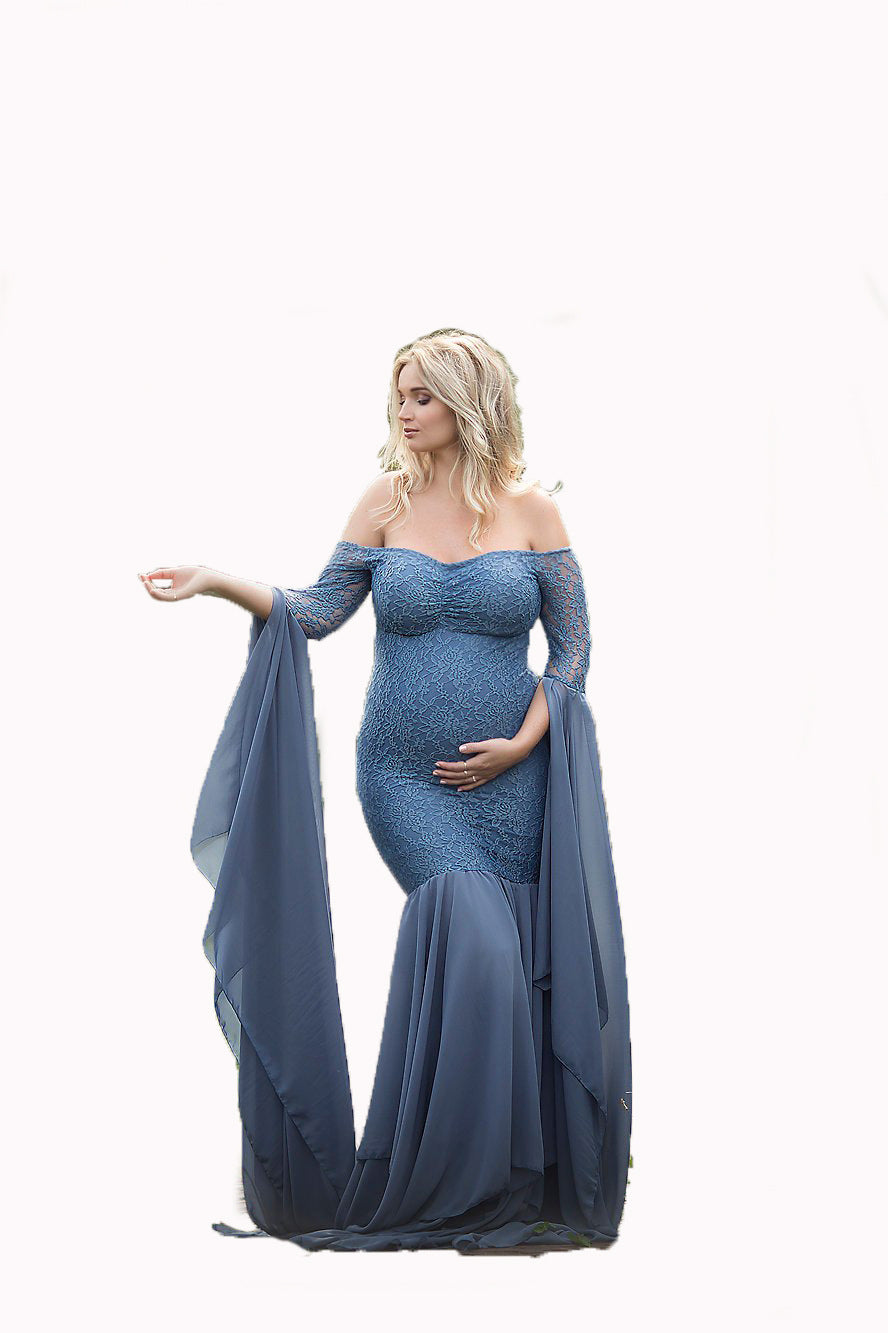 Maxikleid mit langen Ärmeln, Rüschen und Spitze | Hoch tailliertes, fließendes Kleid – Damen