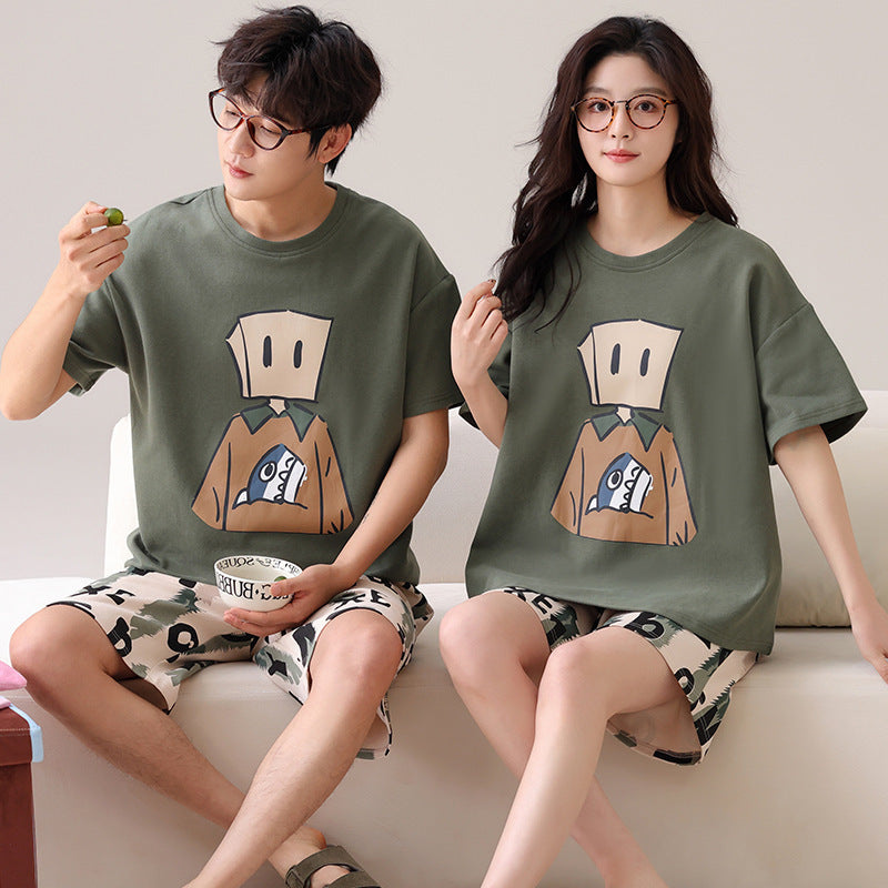 Couples Matching Cotton Pajama Set – Loose Short Sleeve & Shorts Loungewear – AdriaPulse"