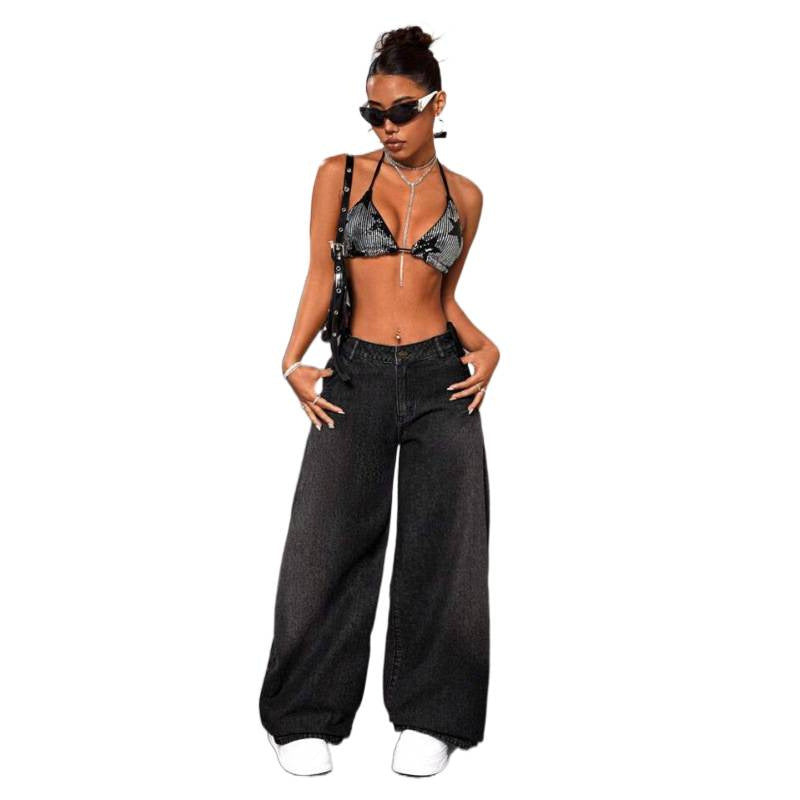 "Women's retro high waist wide-leg capri jeans in black denim, loose fit casual celebrity style – AdriaPulse"