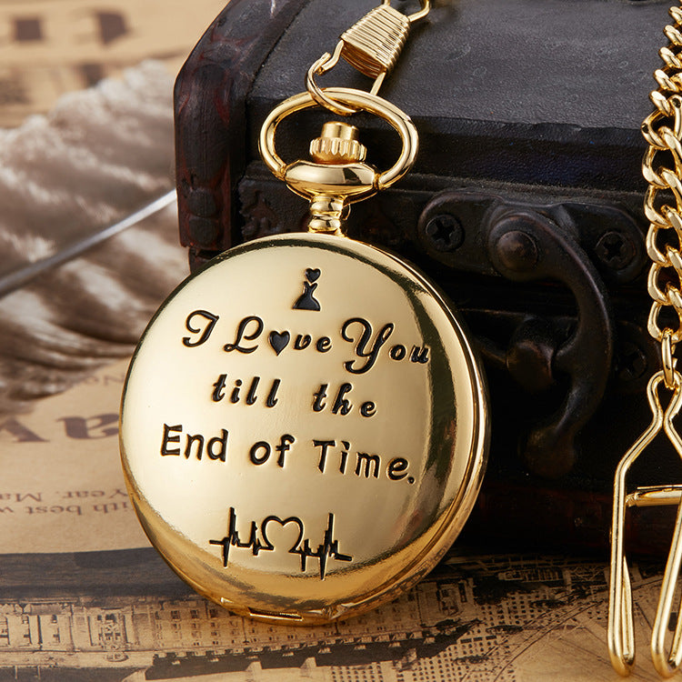 Engraved Vintage Quartz Pocket Watch – Alloy Case with Chain, 45mm