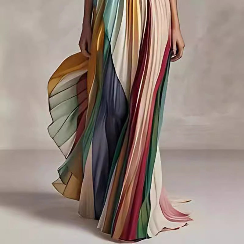 Women's Tube Top Backless Striped Maxi Dress High Waist A-Line Swing – AdriaPulse