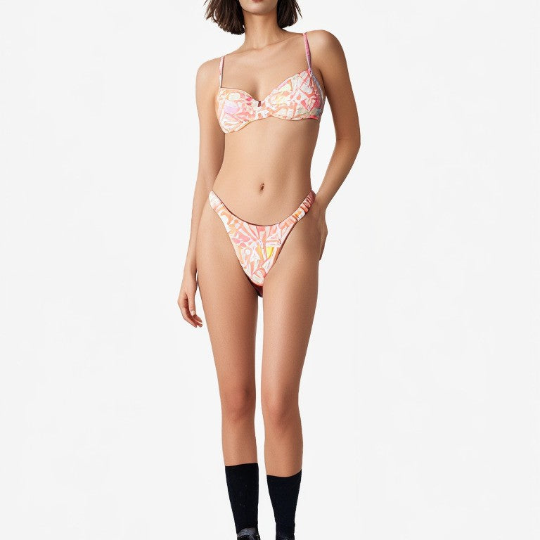 Floral Print Split Bikini – Women's Polyester Nylon Swimwear S–XL