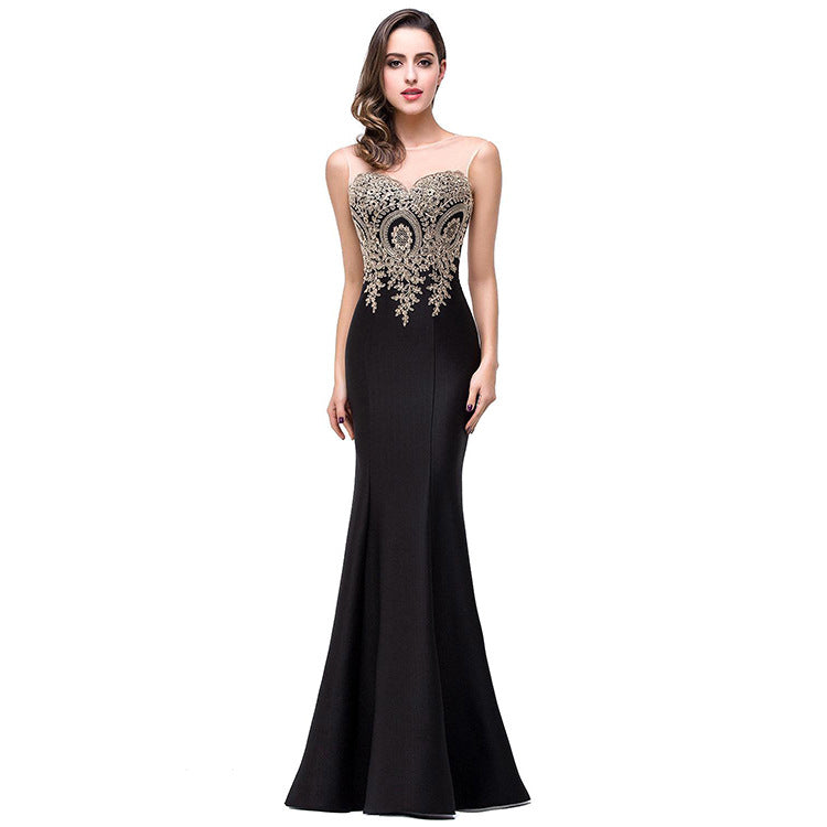 Sexy Backless Fishtail Dress Hollow Applique Sheer Black AdriaPulse