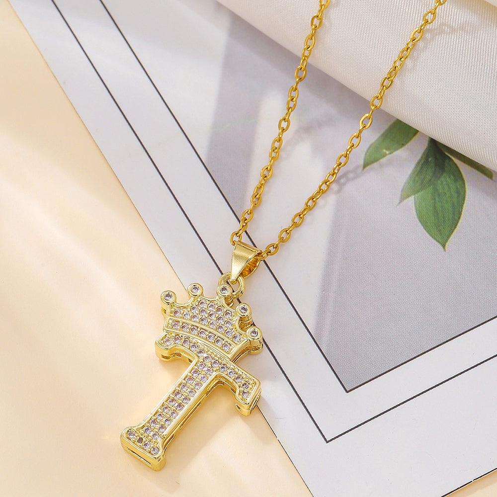 Gold Crown Initial Letter Pendant Necklace – Zircon A–Z Alphabet Jewelry