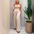 Women's French Style Printed Wide-Leg Jumpsuit Waist-Cinching Pullover – Apricot | AdriaPulse