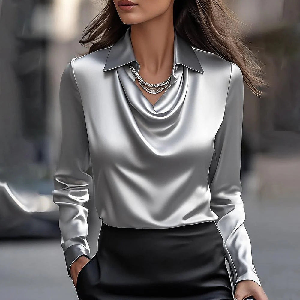 Collared Long Sleeve Solid Color Blouse Women Casual Business Top AdriaPulse
