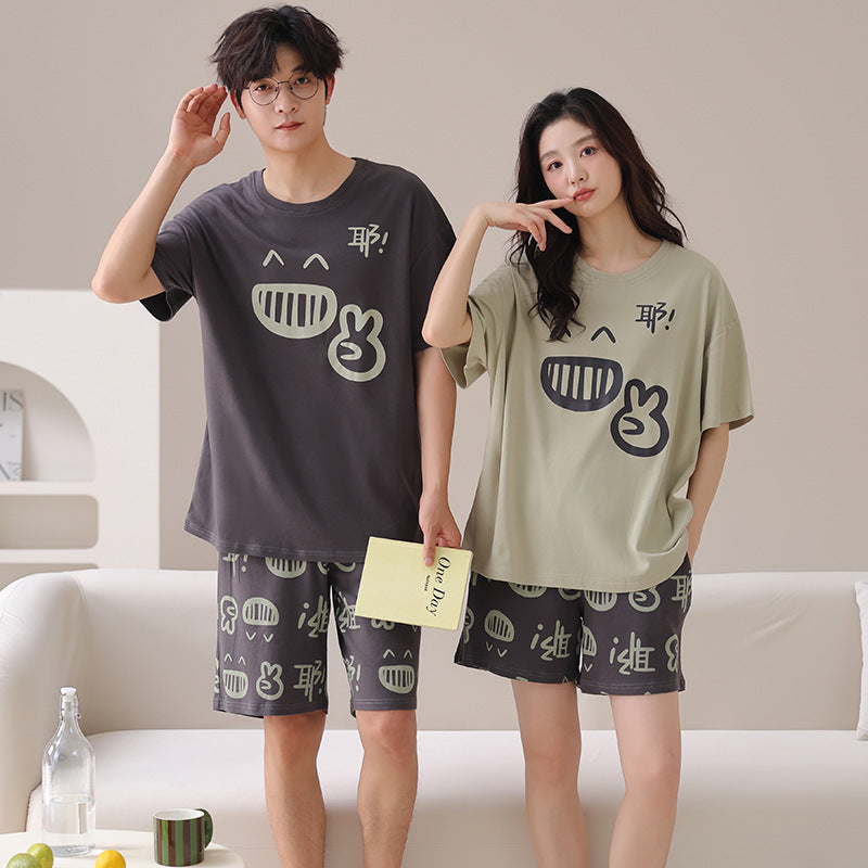 Couples Matching Cotton Pajama Set – Loose Short Sleeve & Shorts Loungewear – AdriaPulse"