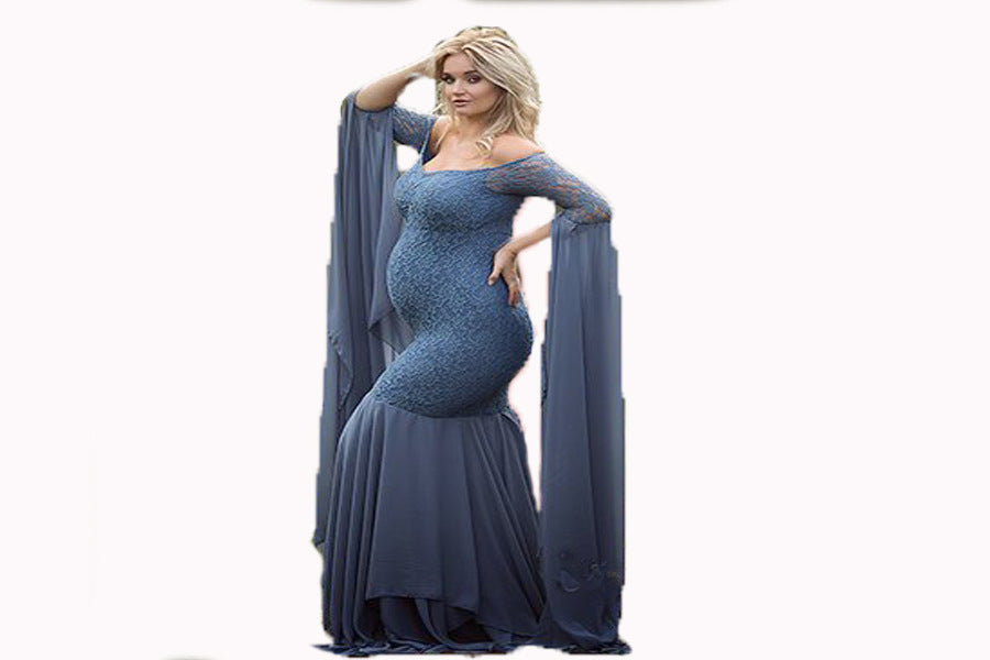 Maxikleid mit langen Ärmeln, Rüschen und Spitze | Hoch tailliertes, fließendes Kleid – Damen