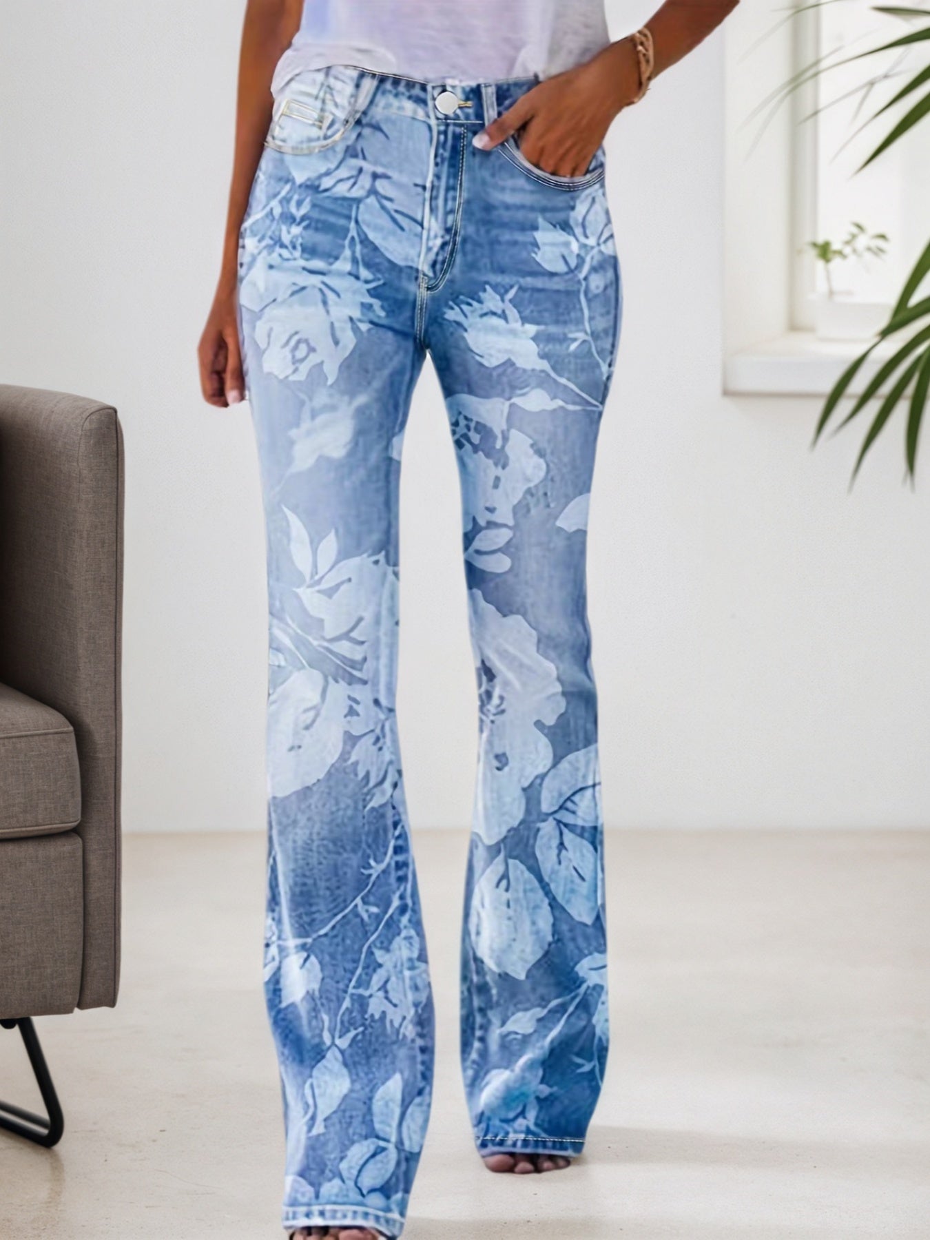 Women's Printed Warm Denim Pants – Blue – Front View | AdriaPulse