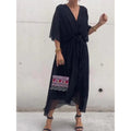 Batwing Sleeve V-Neck Midi Dress Flowy Tied Fairy Dress Women AdriaPulse
