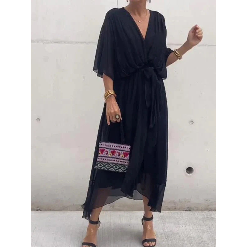 Batwing Sleeve V-Neck Midi Dress Flowy Tied Fairy Dress Women AdriaPulse
