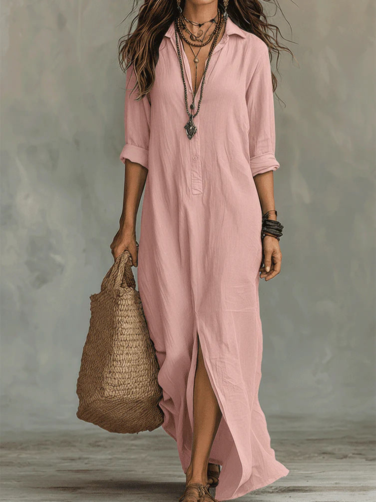 Women's Long Sleeve Maxi Dress Casual A-Line Side Slit Beach Dress – AdriaPulse"