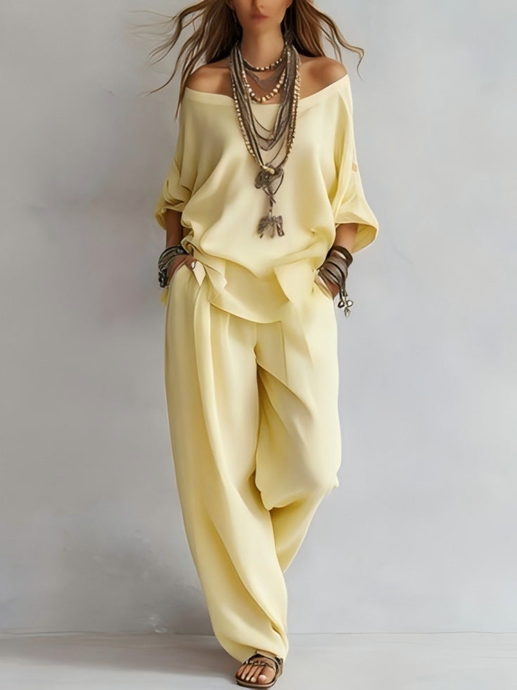 Women's Off-Shoulder Three-Quarter Sleeve Top & Wide-Leg Pants Set – Minimalist Street Fashion Co-Ord