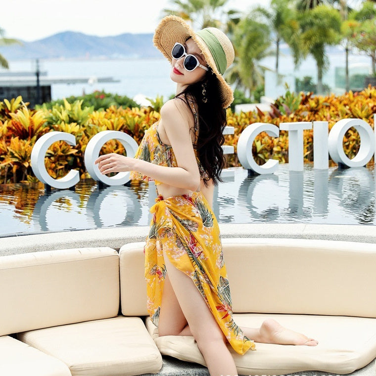 Floral Couple Swimwear Set | Women's Push-Up One-Piece & Men's Beach Shorts – Pink & Yellow