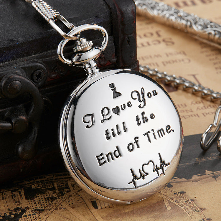Engraved Vintage Quartz Pocket Watch – Alloy Case with Chain, 45mm
