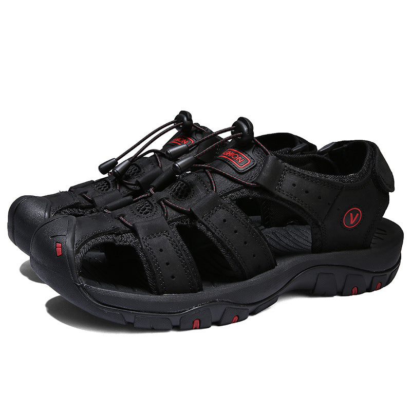 Men's Leather Sports Sandals Rubber Sole – Black | AdriaPulse