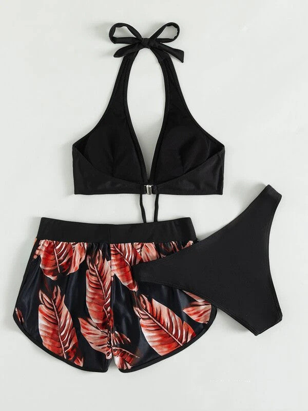Women's 3-Piece Leaf Print Bikini Set with Shorts – Polyester Spandex, S–XL