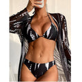 Women's Striped Bikini Three-Piece Set with Mesh Cover-Up – AdriaPulse