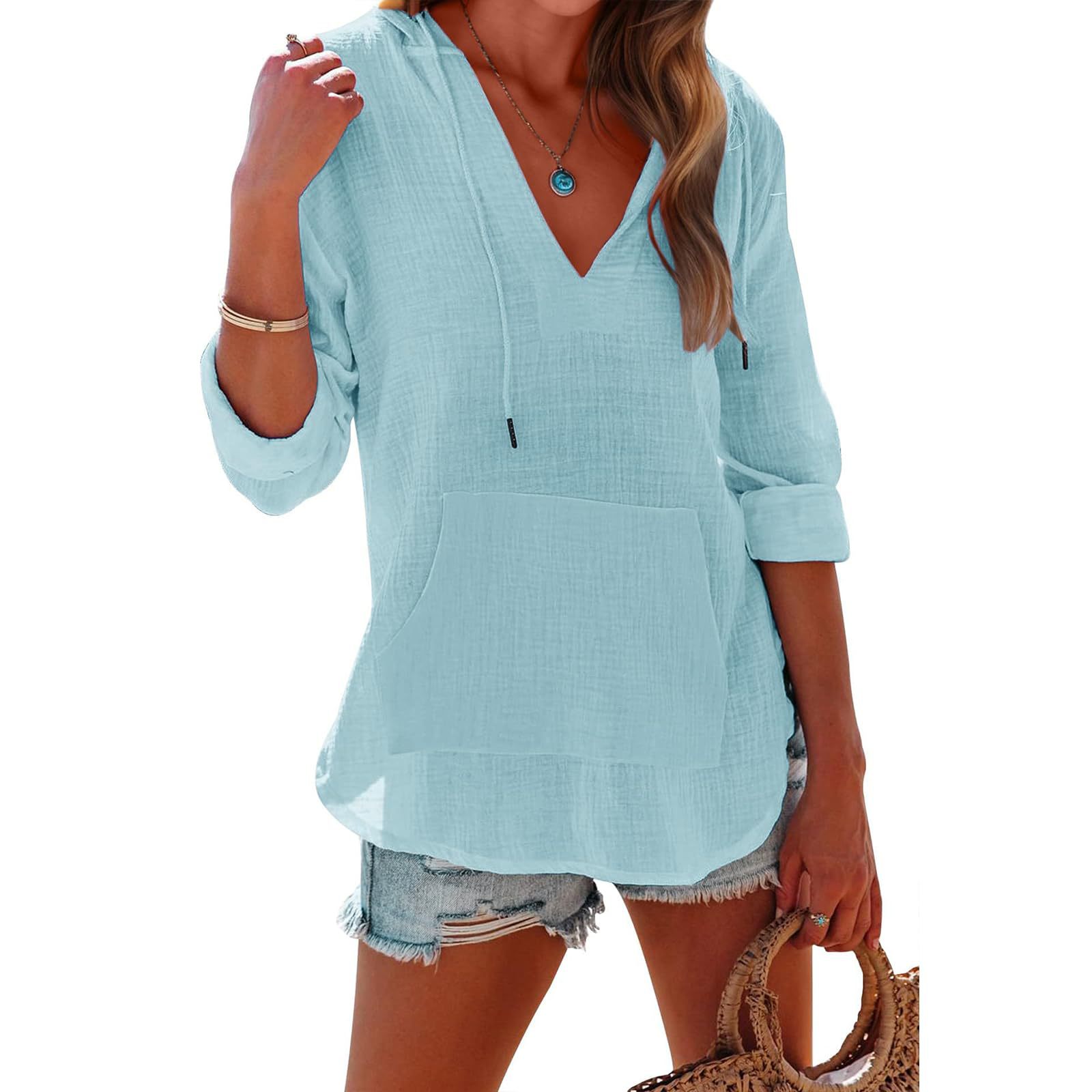 Women's V-Neck Hooded Long Sleeve Shirt with Pockets – Cotton Loose Top