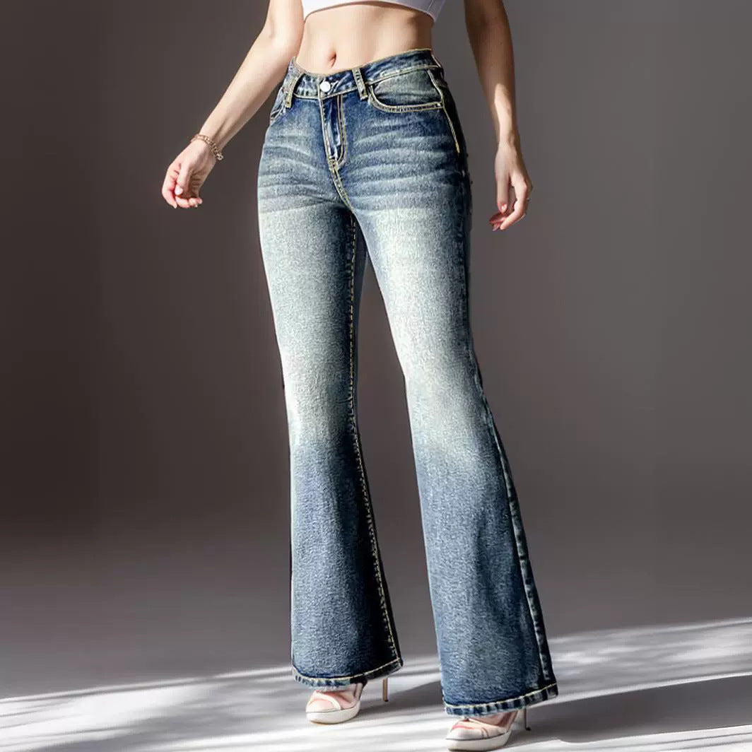 Women's Embroidered Bootcut Jeans – High-Waist Stretch Denim, Sea Blue