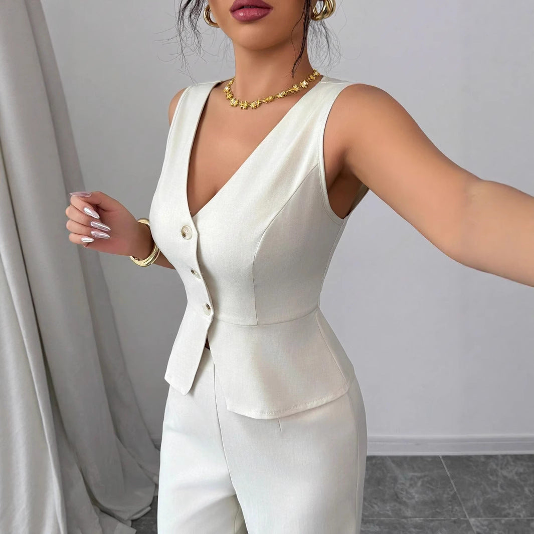 Women's Slim V-Neck Vest High Waist Trousers Two-Piece Set Sleeveless Summer Co-Ord – AdriaPulse
