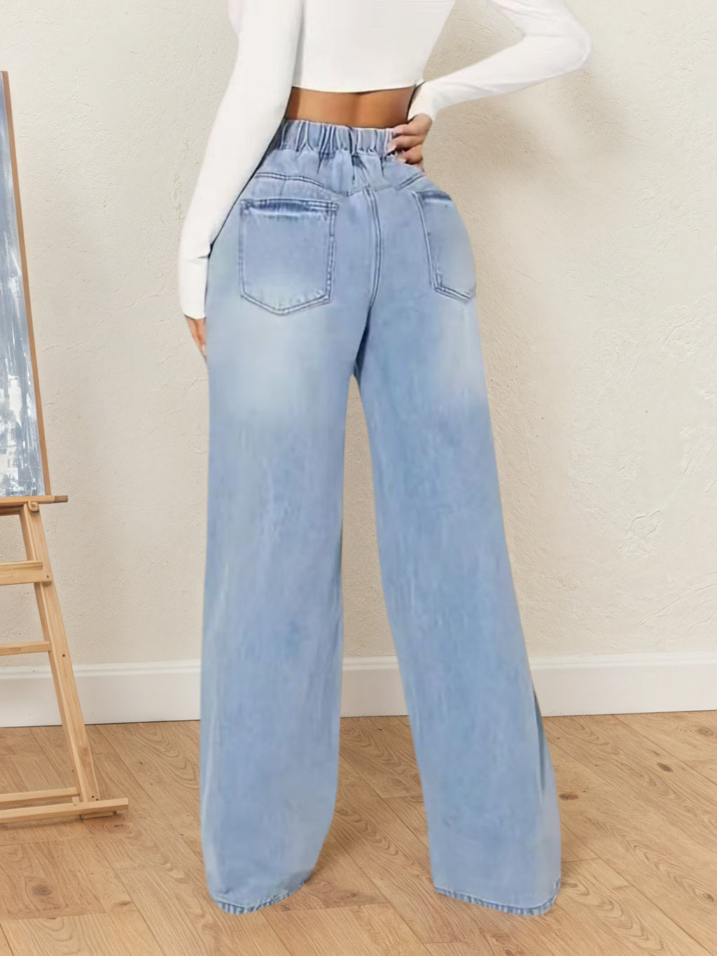 Pantalon en jean taille haute à cordon de serrage pour femme – Coupe ample jambes larges