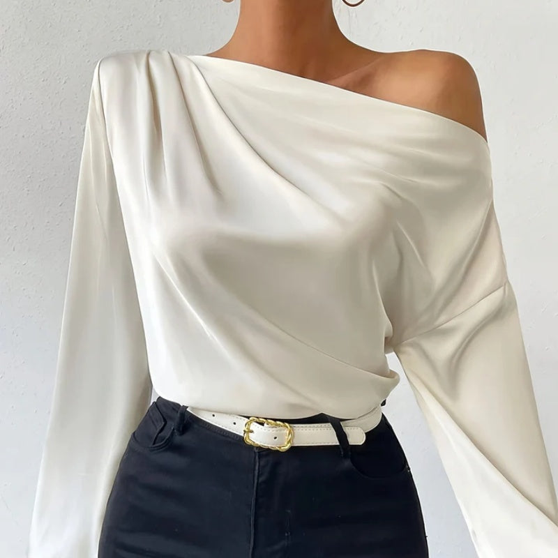 Women's Asymmetric Off-Shoulder Long Sleeve Top Solid Color Apricot Black White Yellow Green – AdriaPulse