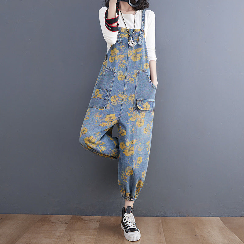 Women's high waist washed cotton denim suspender overalls with print detail in blue, urban casual spring style – AdriaPulse"