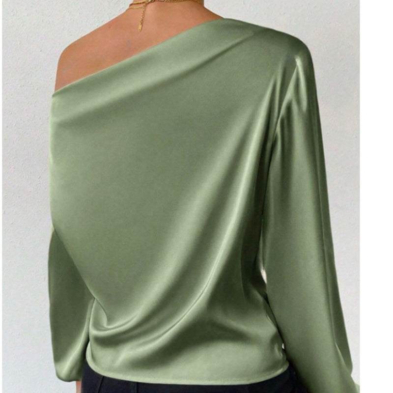 Women's Asymmetric Off-Shoulder Long Sleeve Top Solid Color Apricot Black White Yellow Green – AdriaPulse