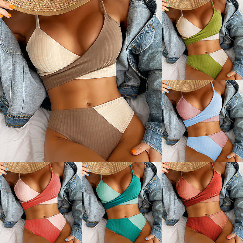 Maillot de bain bikini patchwork côtelé pour femme, dos noué, coupe scrunch, bikinis, tenue de plage