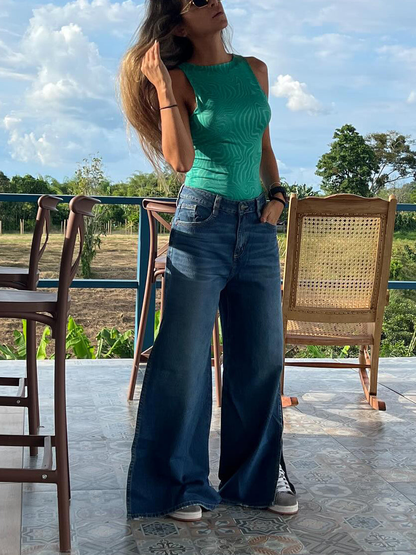 Women's Blue High Waist Ultra Wide Leg Denim Jeans with Side Slit – AdriaPulse
