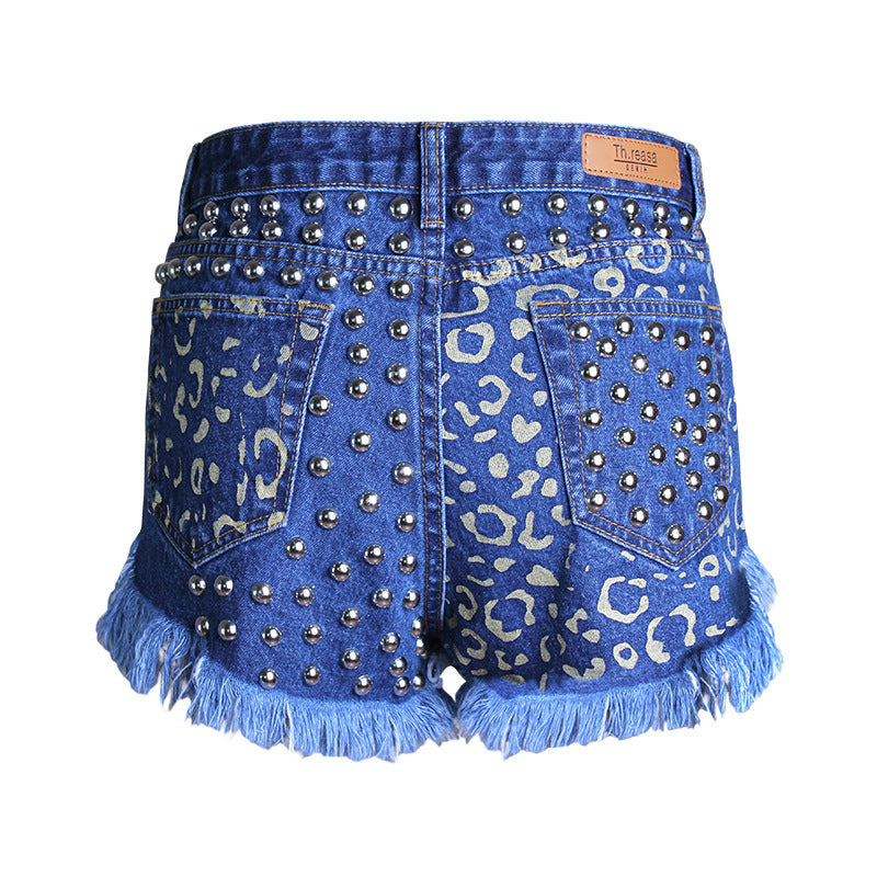 Women's Ripped Loose High Waist Rivet Denim Shorts – Wide Leg Dark Blue | S–3XL