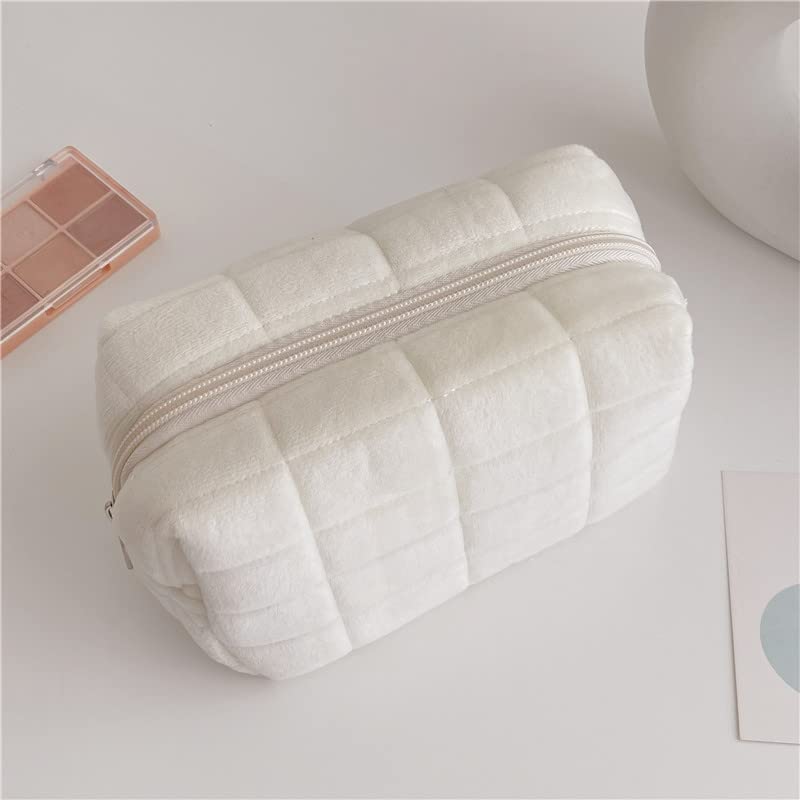 Plush Makeup Bag – Cute Checkered Cosmetic Bag Set of 3 for Women | Pink, Blue & White