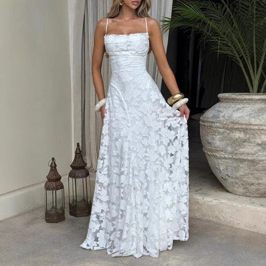 Robe longue sans manches en mousseline dos nu | Taille haute pour femme – Style d'été élégant