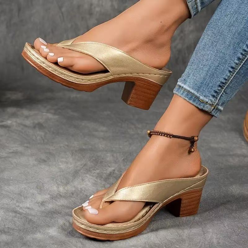 Square Heel Wedge Sandals Women Solid Color Slide Shoes AdriaPulse
