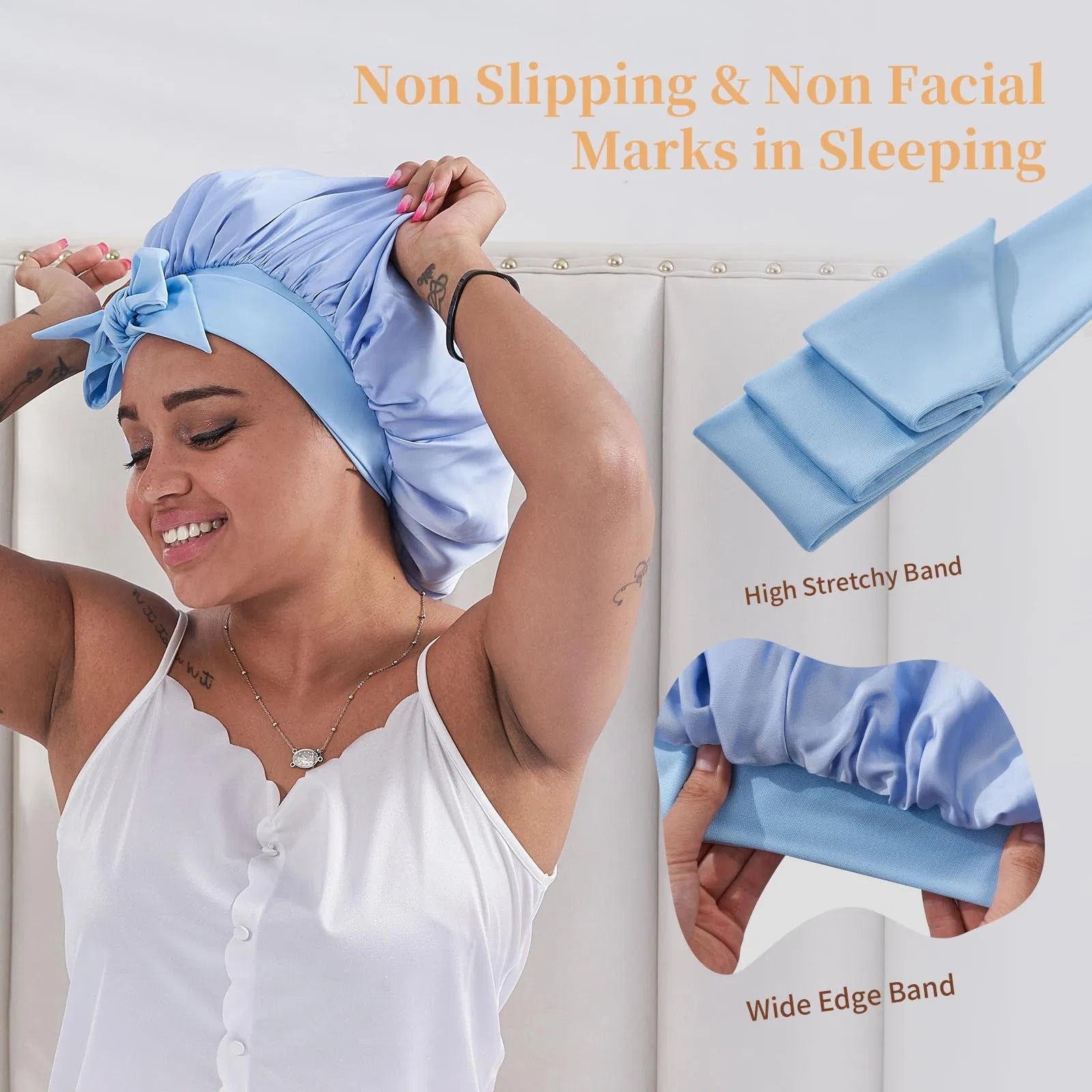 Seidenhaube zum Schlafen für Damen, Satin-Haube zum Schlafen für gewelltes, lockiges Naturhaar, Damen und Herren – Blau