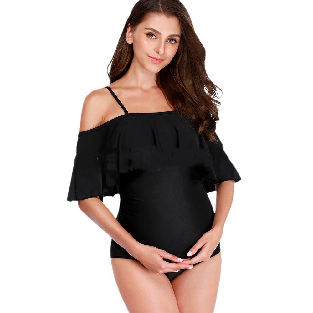 Off-Shoulder Ruffle Plus Size Maternity Swimwear | Women's Solid Swimsuit – S to 5XL