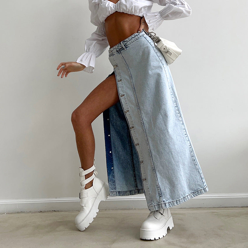 Women's Retro A-Line Denim Maxi Skirt – Washed Distressed Long Jean Skirt