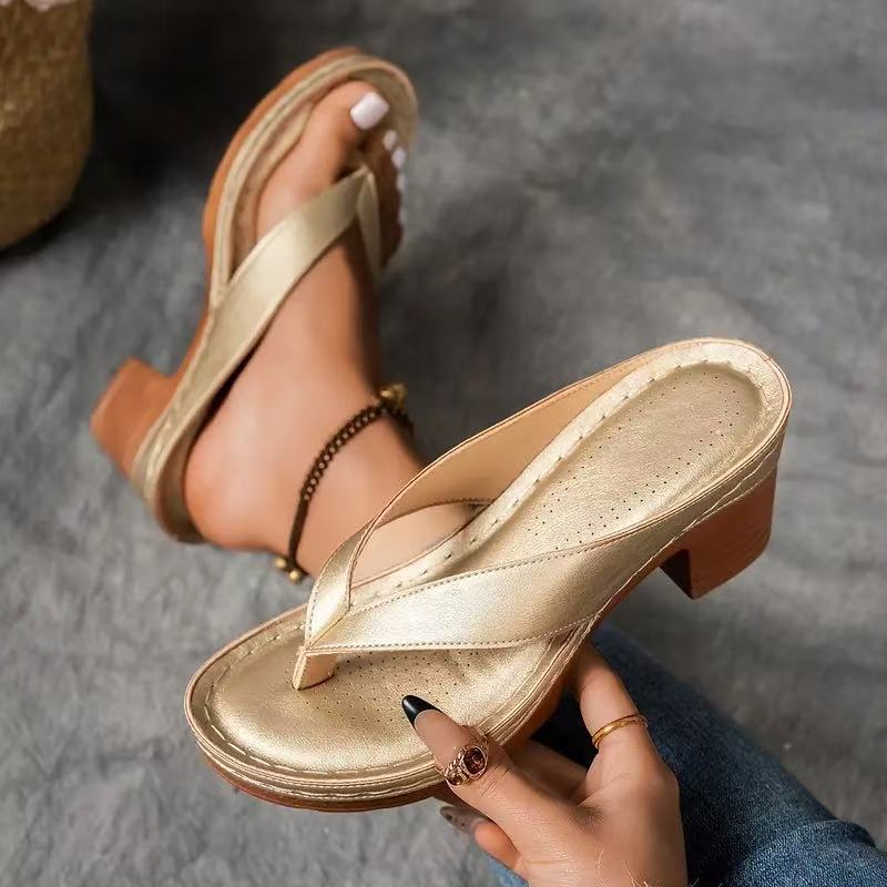 Square Heel Wedge Sandals Women Solid Color Slide Shoes AdriaPulse
