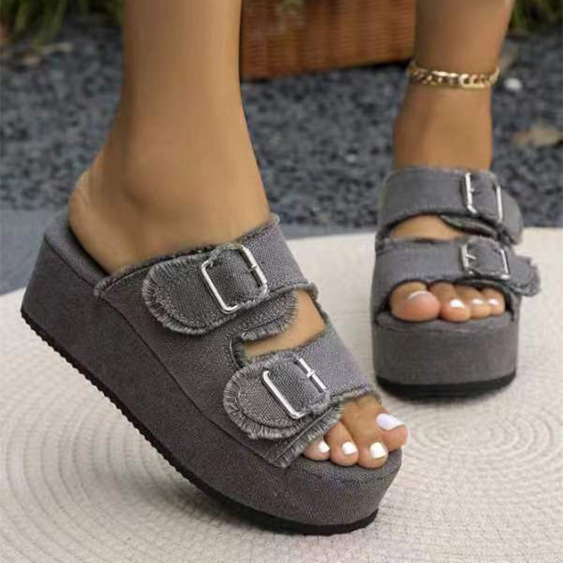 Women's Denim Buckle Wedge Sandals Thick Sole – | AdriaPulse